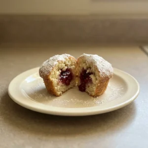 Overhead shot of three round muffins with a dusting of powdered sugar, each topped with a dollop of raspberry jam.