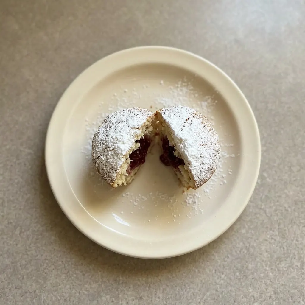 Plated muffins arranged in a row, their golden tops dusted with powdered sugar and dotted with raspberry jam, with a light sprinkle of nutmeg.