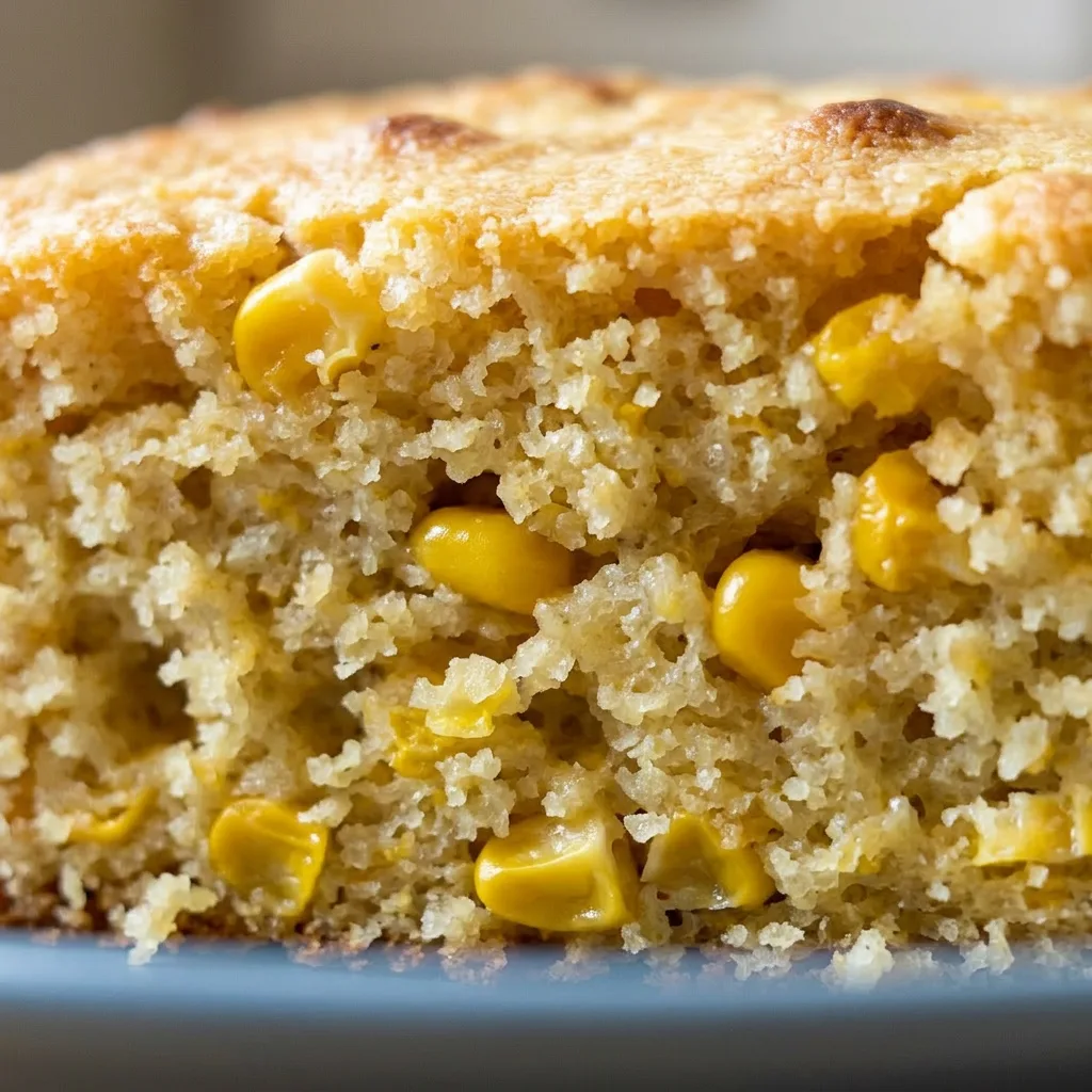 Macro detail of a moist cornbread slice showing a butter pat melting into the crumb.