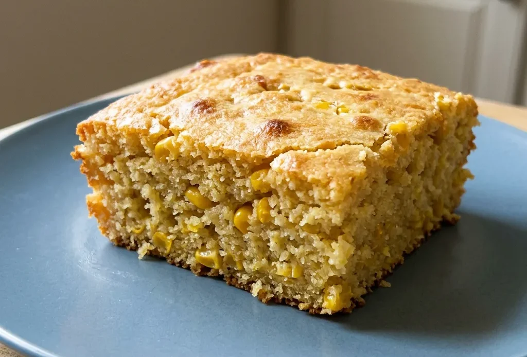Top-down look at a square of cornbread with a golden crust and visible creamed corn kernels.