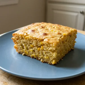 Top-down look at a square of cornbread with a golden crust and visible creamed corn kernels.