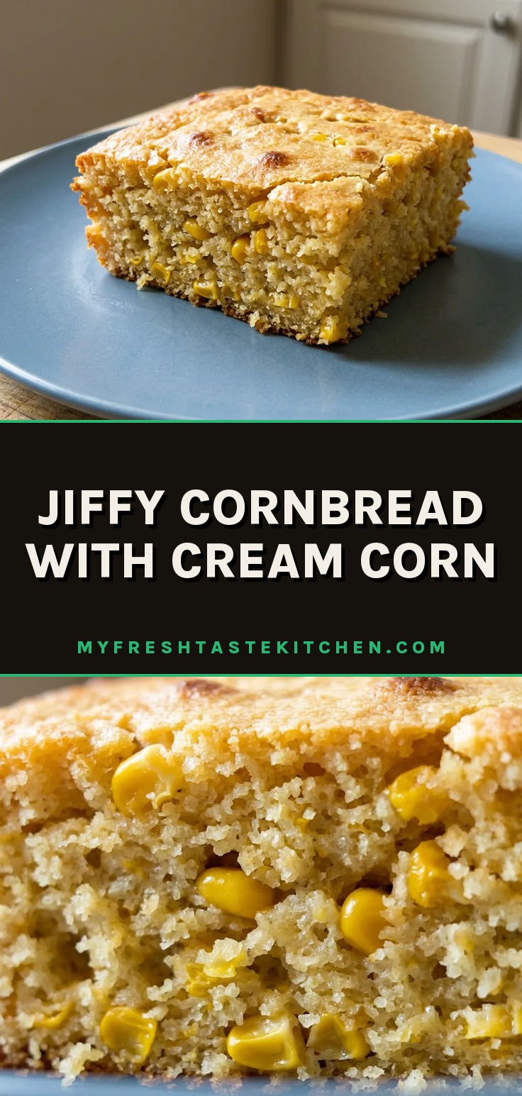 Top-down look at a square of cornbread with a golden crust and visible creamed corn kernels.