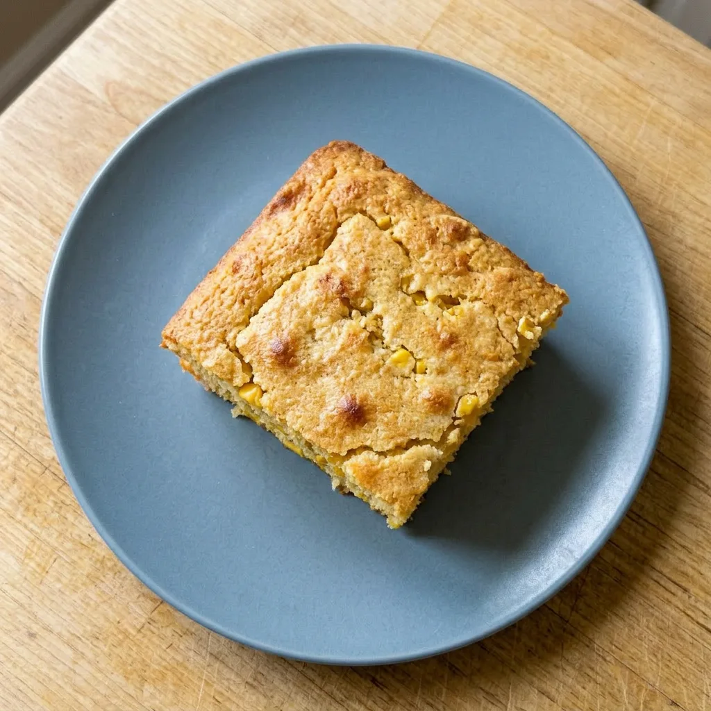 A serving of cornbread with a glossy butter pat on top and a side of creamed corn.