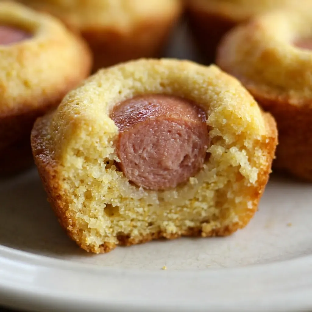 Up close, a warm corn muffin with a visible hot dog chunk, lightly brushed with butter.