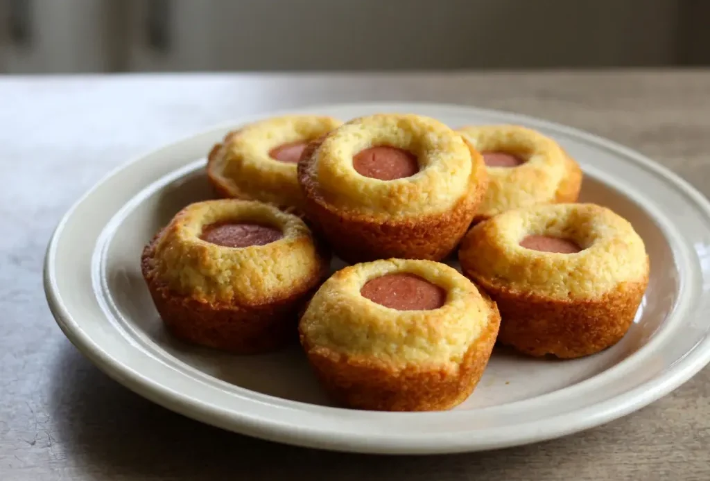 Looking down at golden corn muffins with hot dog pieces baked inside, topped with a drizzle of melted butter.