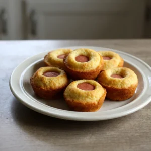 Looking down at golden corn muffins with hot dog pieces baked inside, topped with a drizzle of melted butter.
