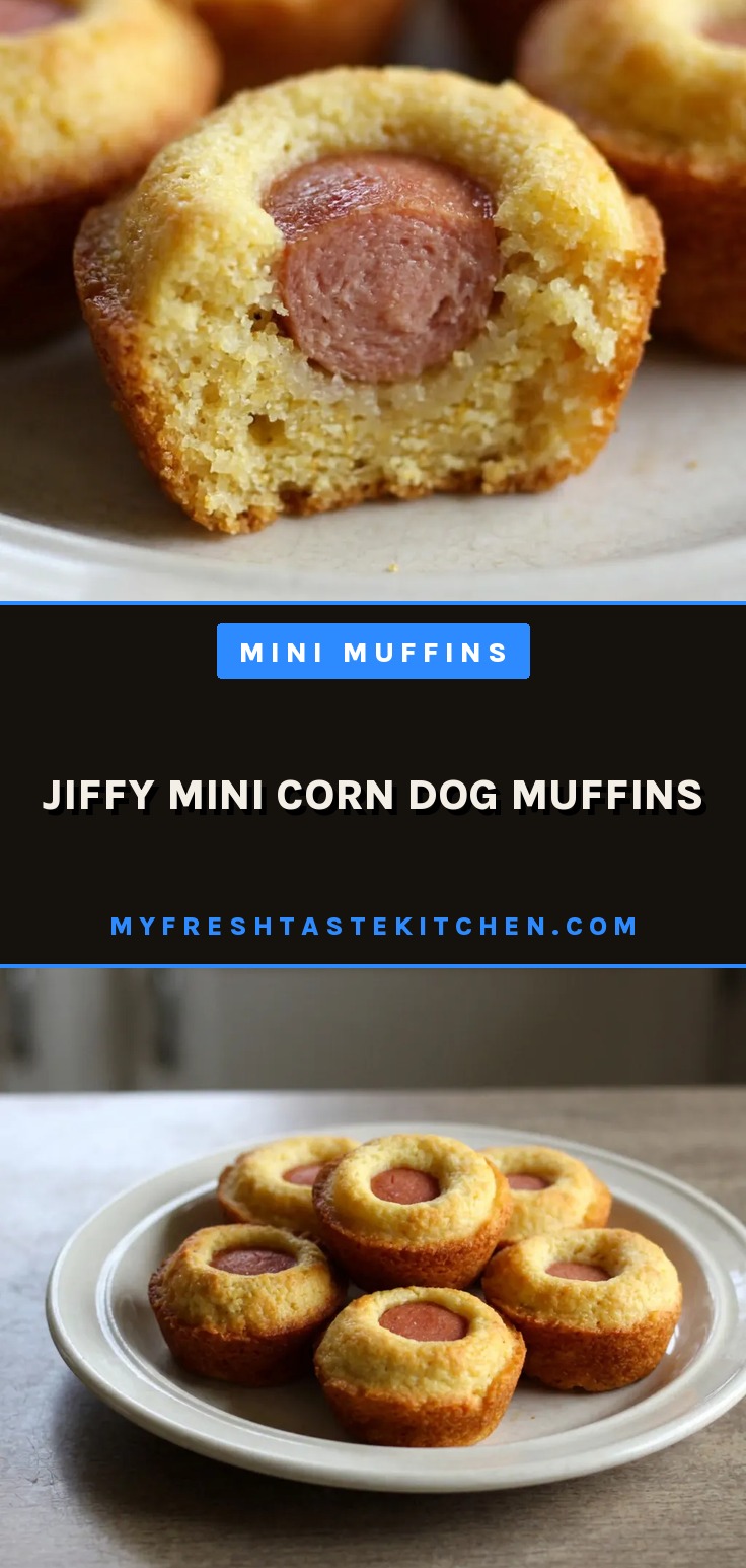 Looking down at golden corn muffins with hot dog pieces baked inside, topped with a drizzle of melted butter.