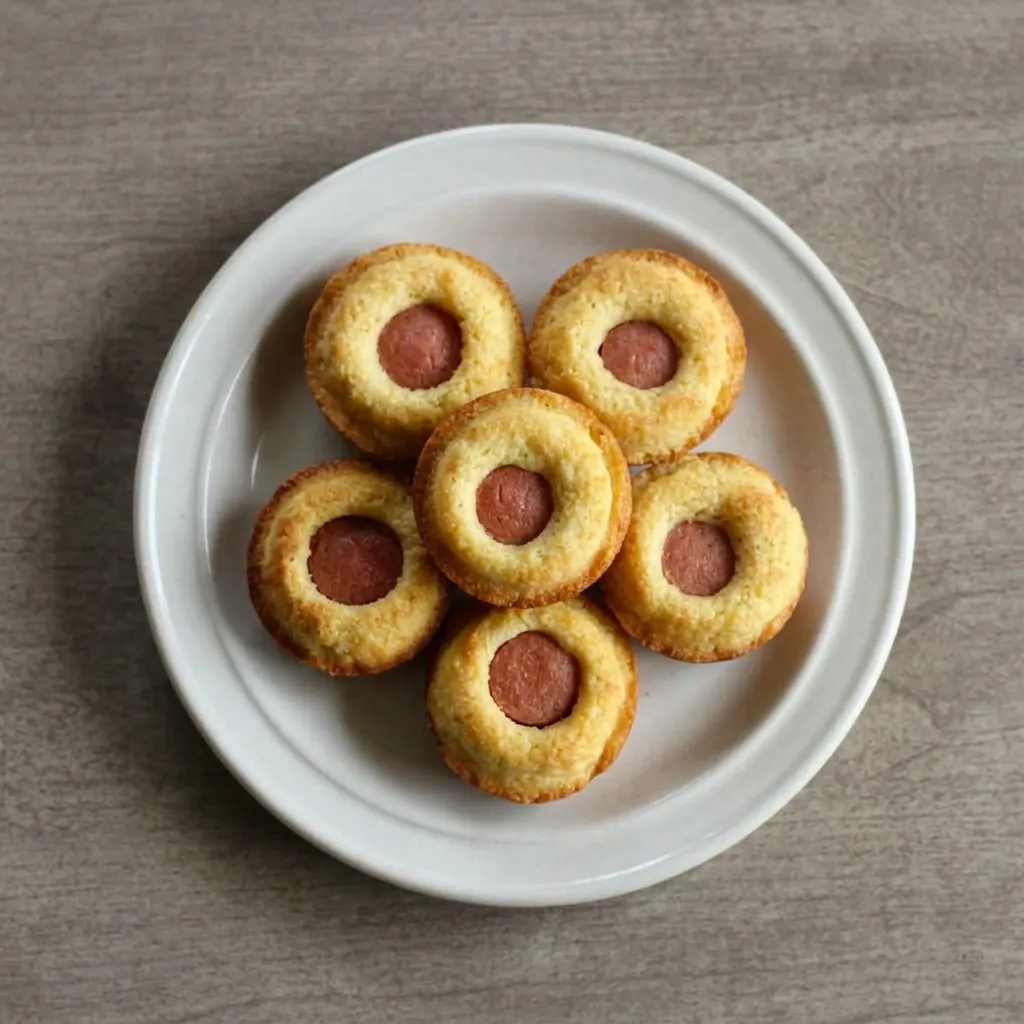 A plate of small corn muffins each containing a slice of hot dog, with a pat of butter on top.