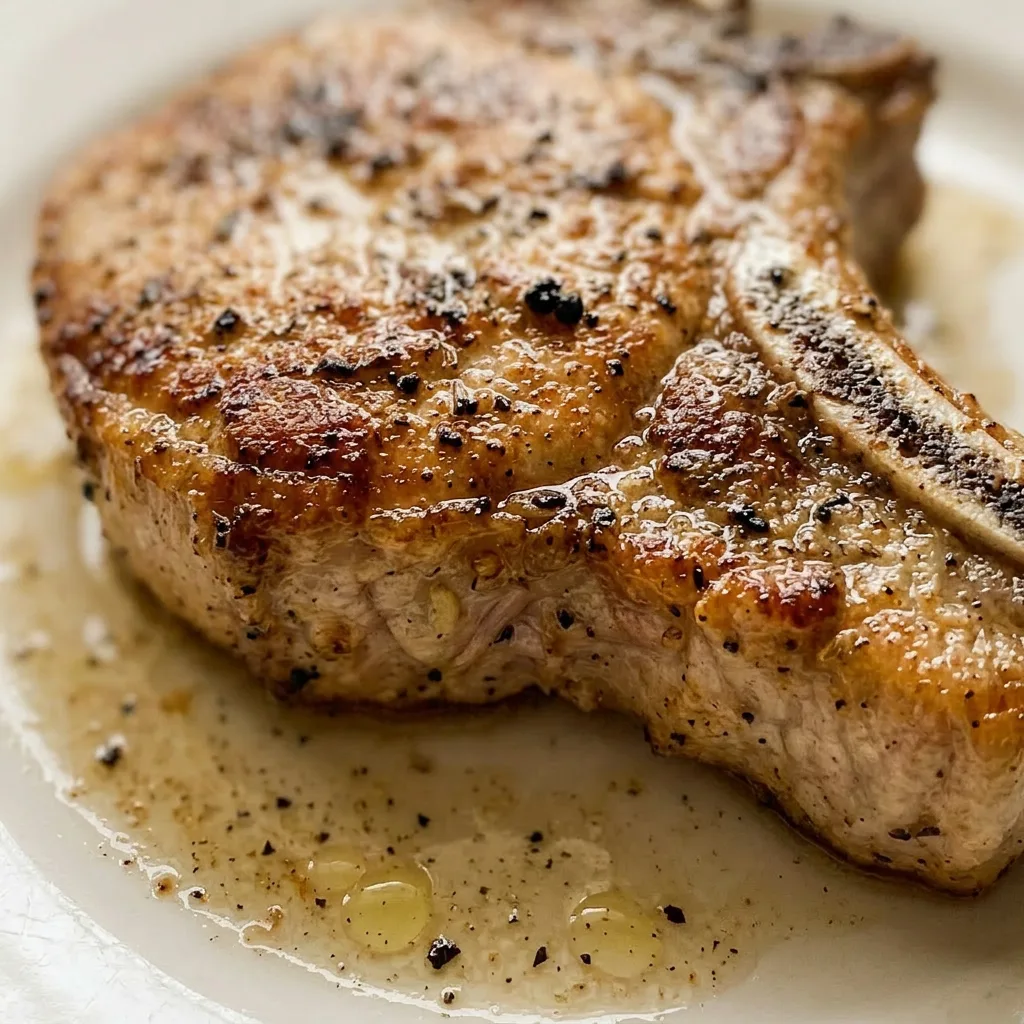 Close view of a pork chop with a caramelized brown sugar crust and visible black pepper specks.