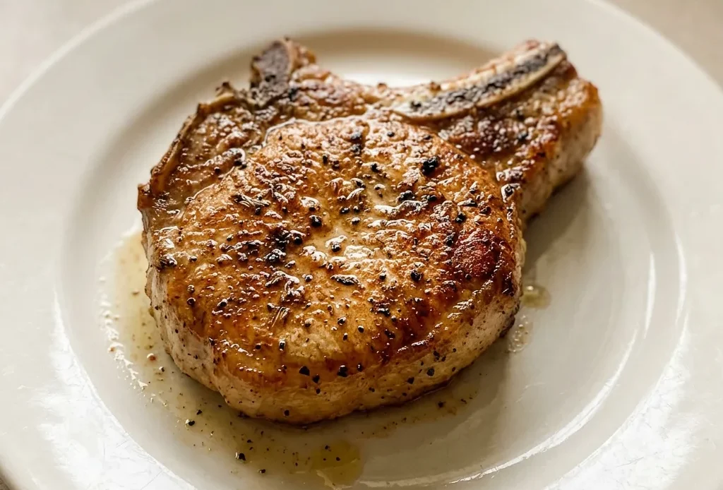 Overhead shot of two pork chops seasoned with brown sugar, smoked paprika, garlic and onion powders, and thyme.