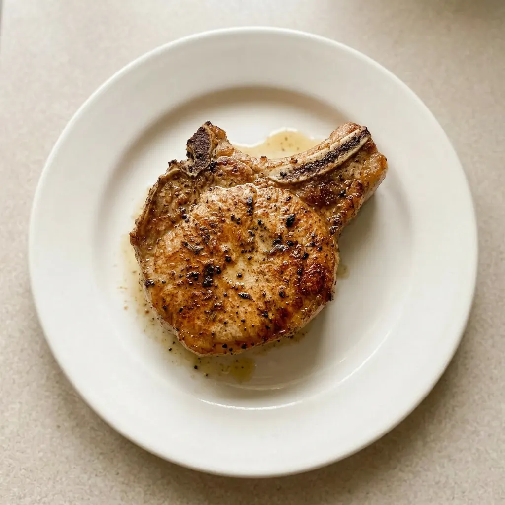 Plated pork chop with a dark, spiced crust and herbs clinging to the surface.