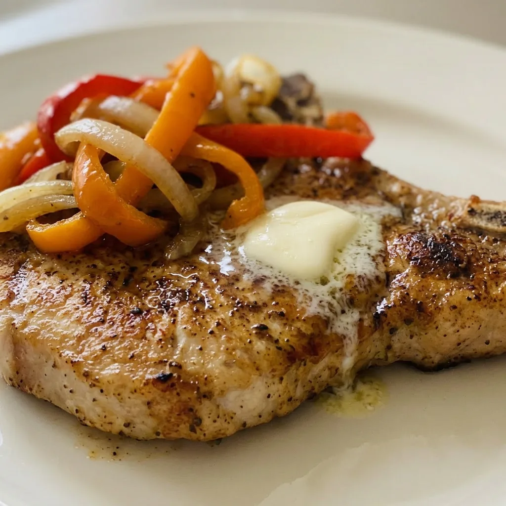 Up close, a juicy pork chop with visible BBQ rub crust, a pat of melting butter, and caramelized bell peppers and onions.
