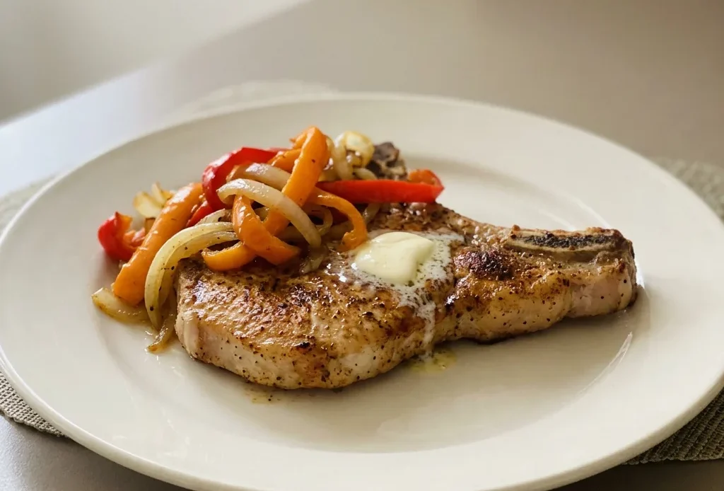 Looking down at two pork chops with BBQ rub, topped with butter and bell peppers, alongside beer-braised onions.