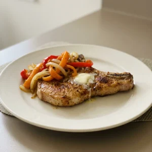 Looking down at two pork chops with BBQ rub, topped with butter and bell peppers, alongside beer-braised onions.