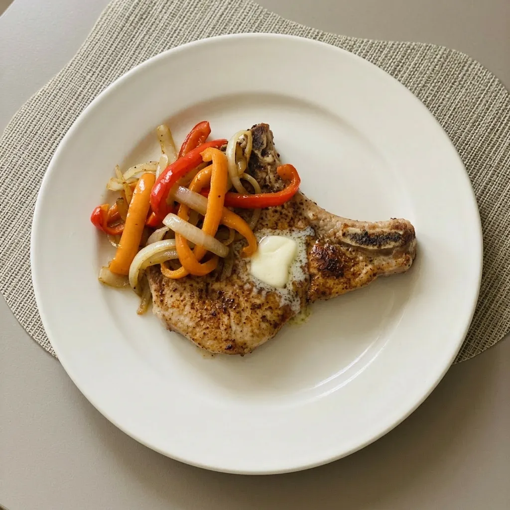 A plate of two seasoned pork chops garnished with butter, bell peppers, and onions, with a side of beer.
