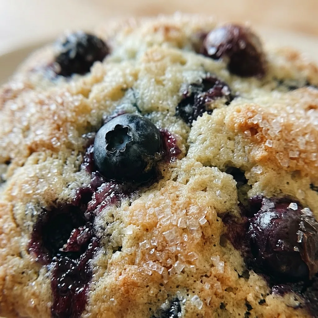Macro detail of a blueberry muffin's crust with visible blueberries, butter sheen, and sparkling sanding sugar.