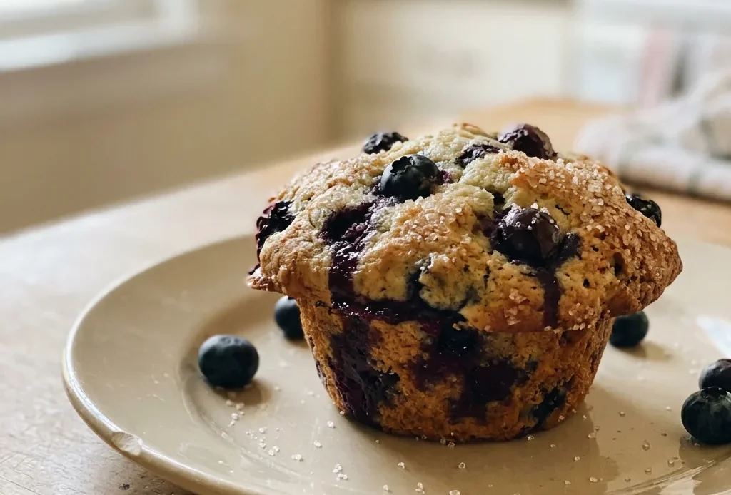 Top-down look at a blueberry muffin with a golden dome, scattered blueberries, and sanding sugar crystals.