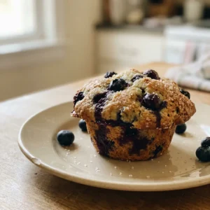 Top-down look at a blueberry muffin with a golden dome, scattered blueberries, and sanding sugar crystals.