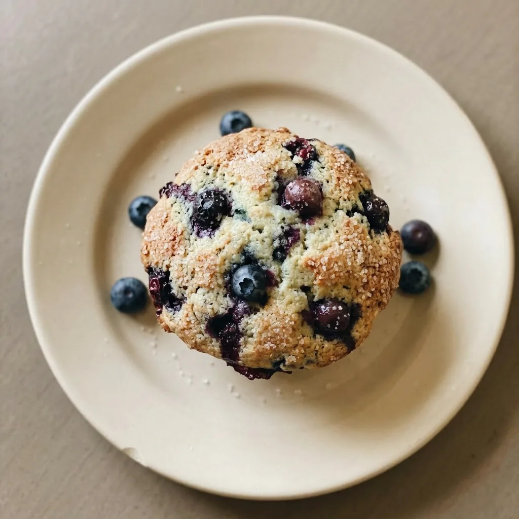 A serving of a jumbo blueberry muffin with a browned top, whole blueberries, and a light dusting of sanding sugar.