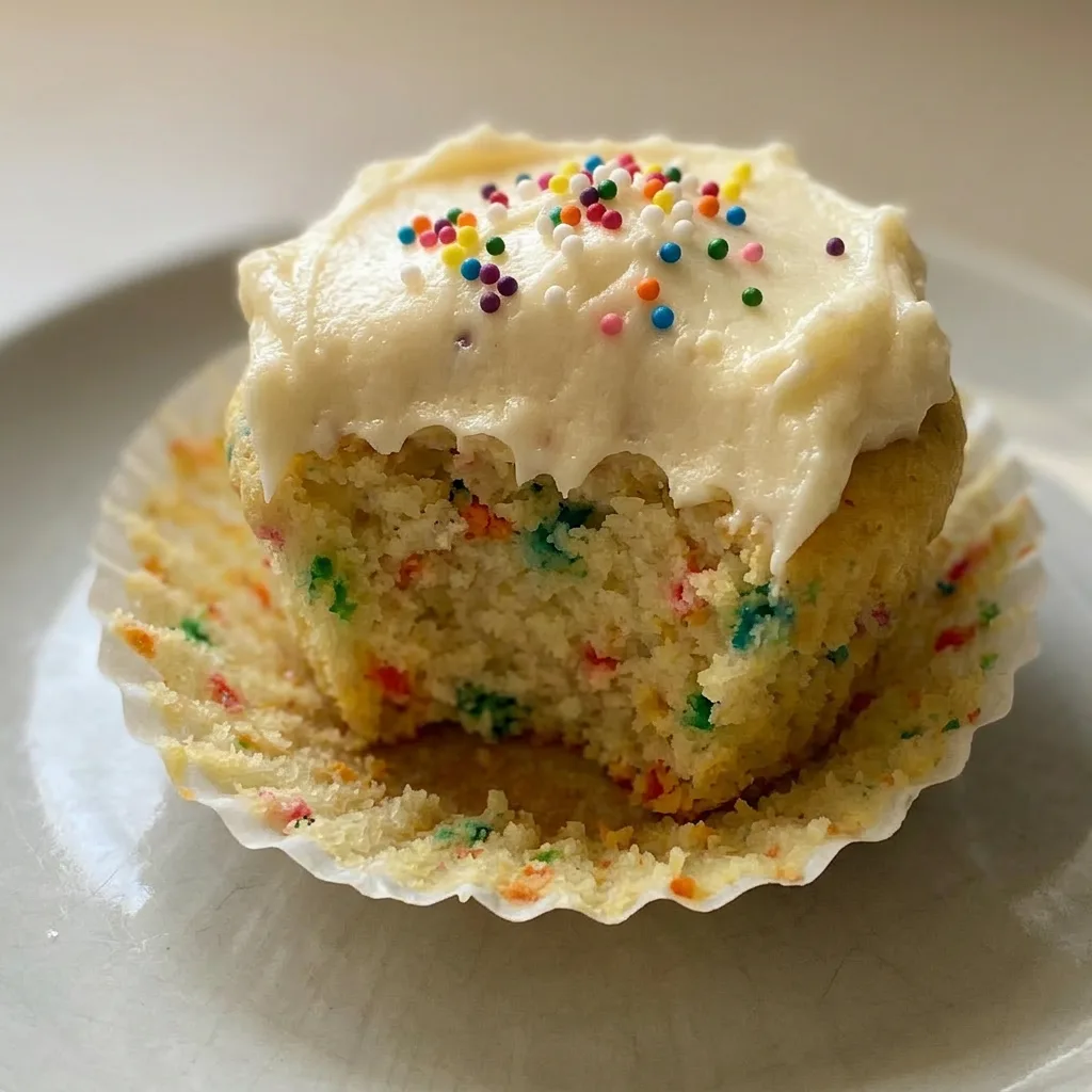 Up close, a single keto funfetti cupcake topped with swirls of cream cheese frosting and rainbow sprinkles.