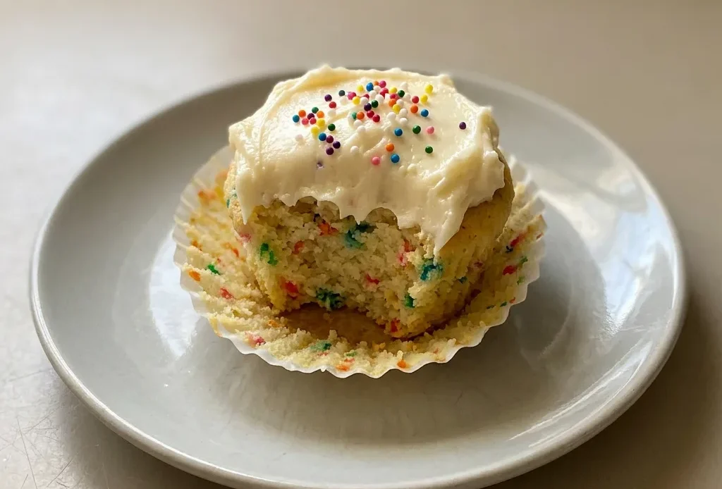 Looking down at three keto funfetti cupcakes with cream cheese frosting and colorful sprinkles on a white plate.