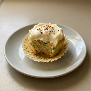 Looking down at three keto funfetti cupcakes with cream cheese frosting and colorful sprinkles on a white plate.
