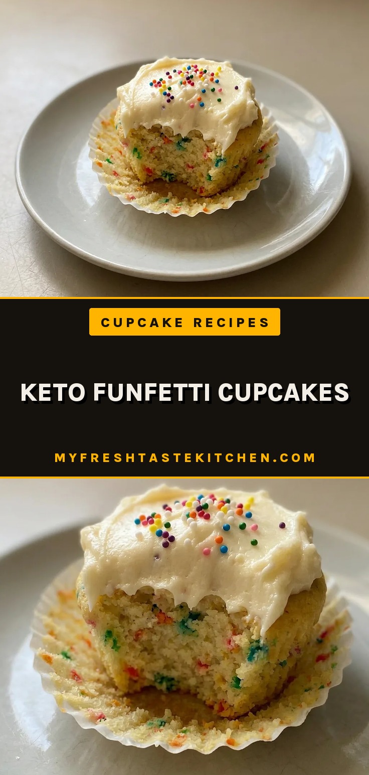 Looking down at three keto funfetti cupcakes with cream cheese frosting and colorful sprinkles on a white plate.