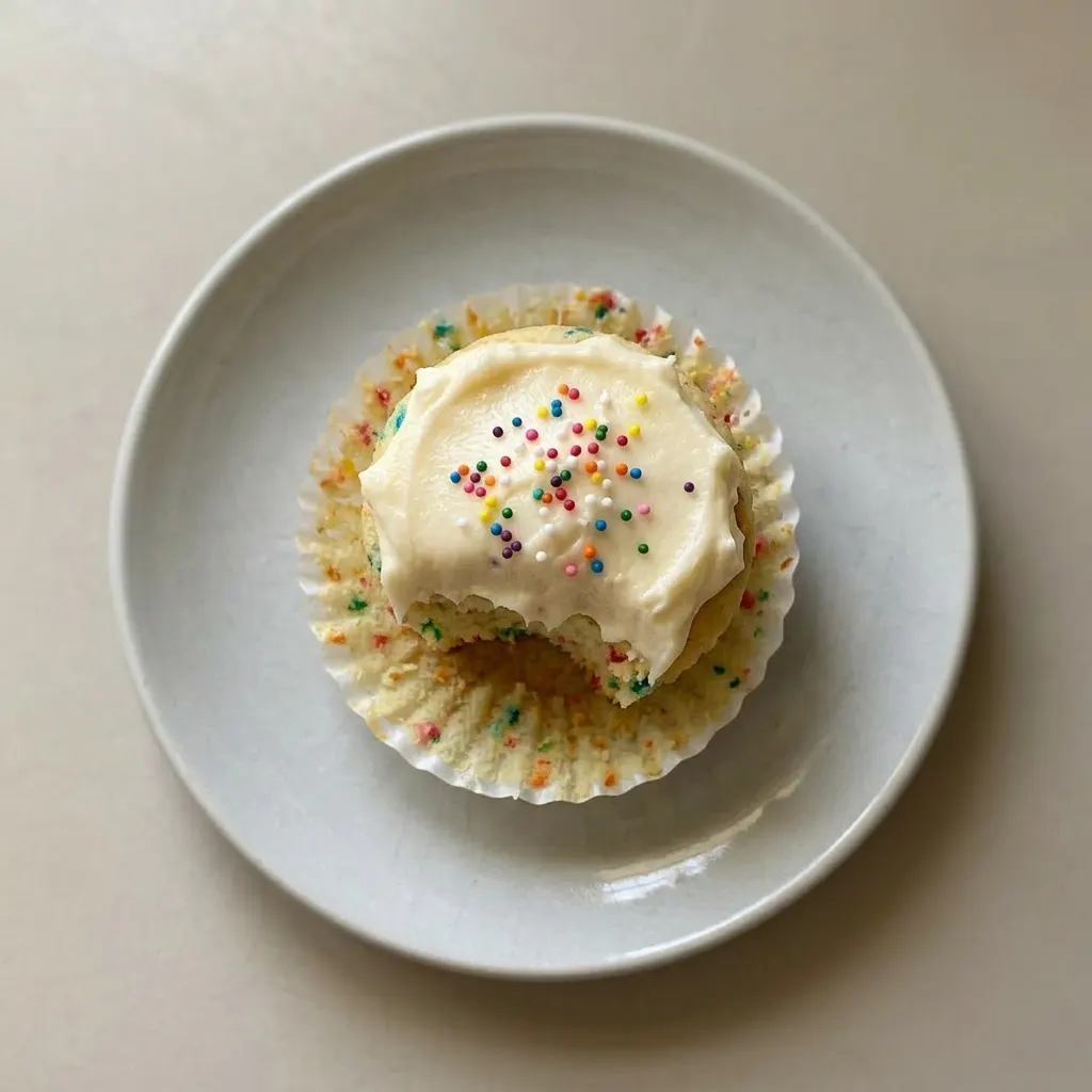 A plate of keto funfetti cupcakes, each with a generous dollop of cream cheese frosting and festive sprinkles.