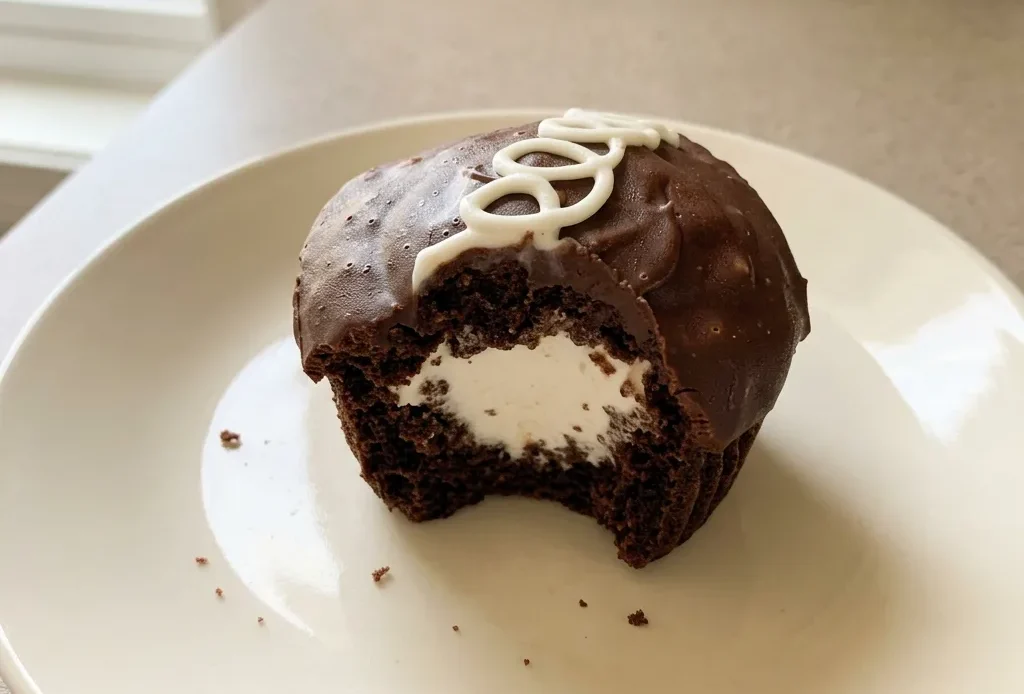 Bird's-eye view of two chocolate cupcakes topped with cream cheese frosting and a drizzle of sugar-free chocolate sauce.