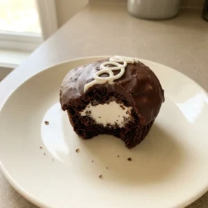 Bird's-eye view of two chocolate cupcakes topped with cream cheese frosting and a drizzle of sugar-free chocolate sauce.