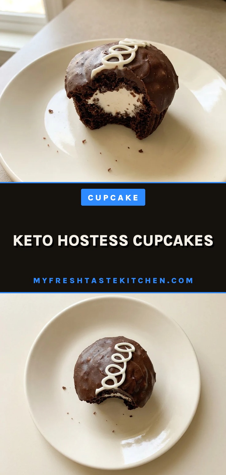 Bird's-eye view of two chocolate cupcakes topped with cream cheese frosting and a drizzle of sugar-free chocolate sauce.