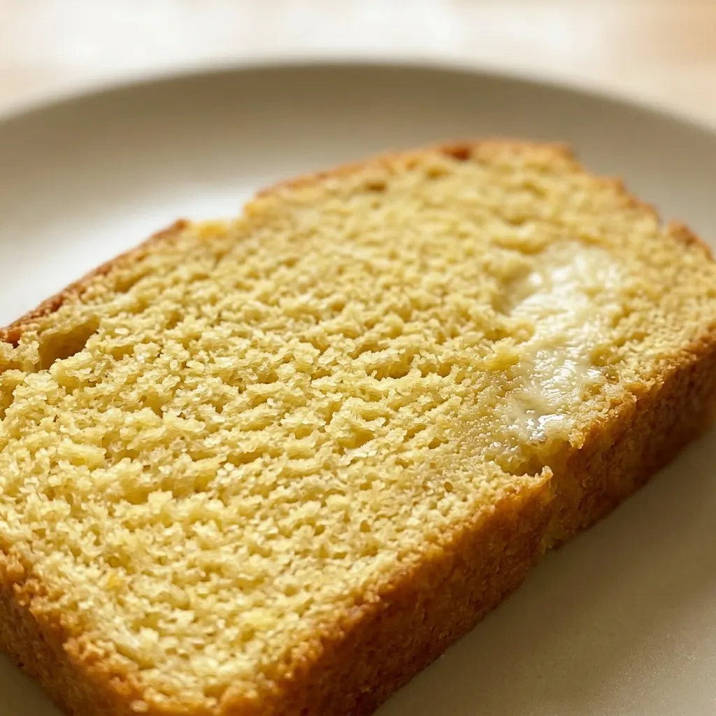 Up close, a slice of keto bread with a crumbly texture, topped with butter and sesame seeds.