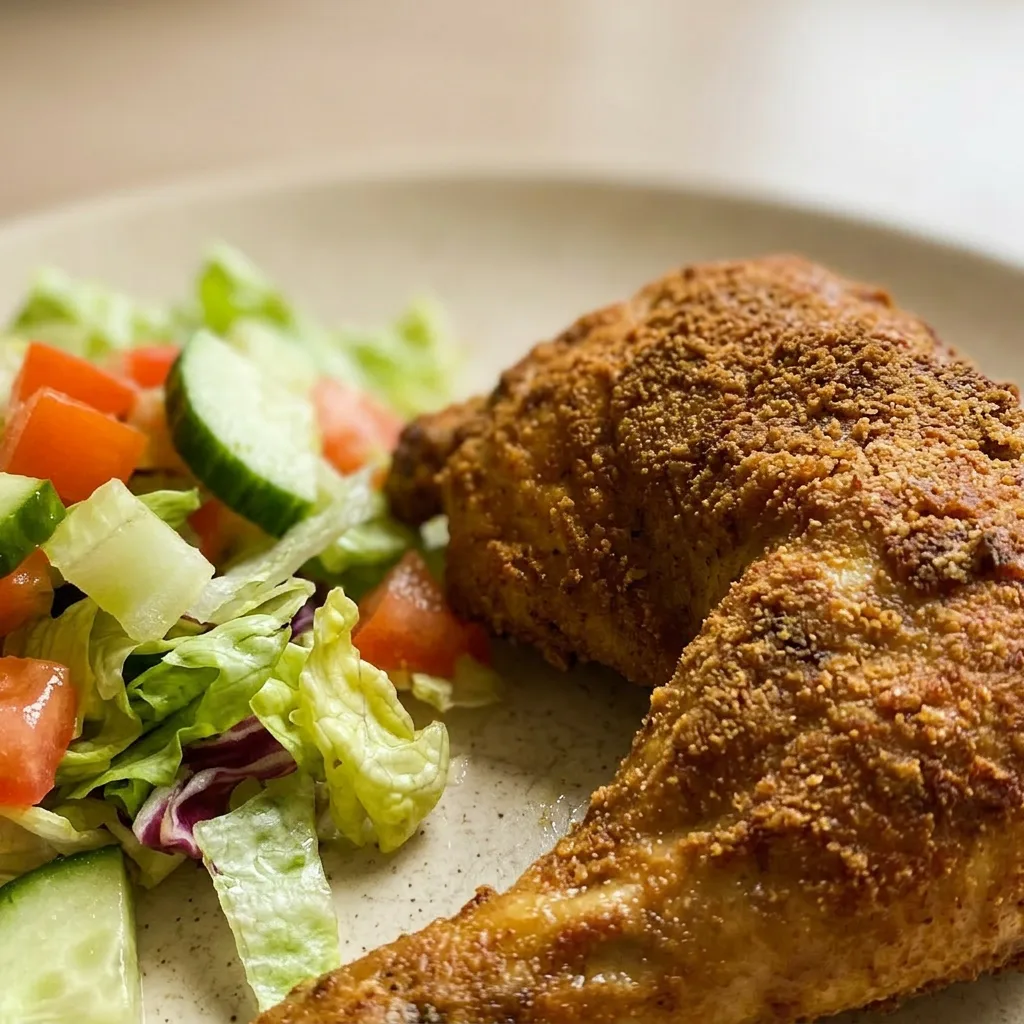 Up close, a juicy chicken thigh with a crispy, seasoned skin showing specks of black pepper, paprika, and oregano.