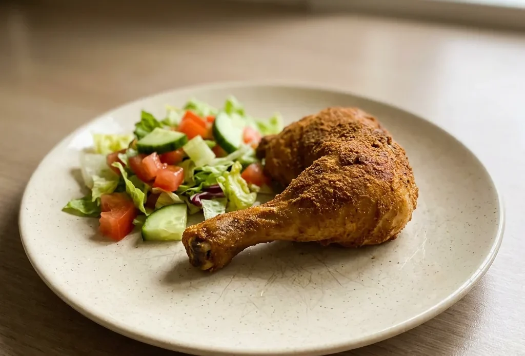 Looking down at a whole roast chicken with crispy golden skin, sprinkled with visible herbs and spices including paprika, thyme, and basil.