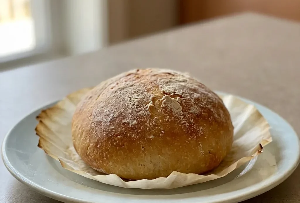 Top-down look at a round loaf with a golden crust, sliced into wedges, drizzled with olive oil.