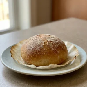 Top-down look at a round loaf with a golden crust, sliced into wedges, drizzled with olive oil.