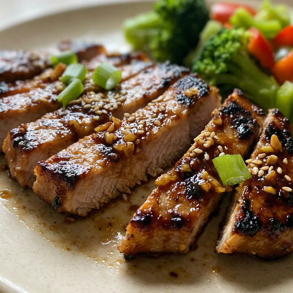 Macro detail of a pork chop edge with caramelized soy-honey glaze, garlic slivers, and sesame seeds.
