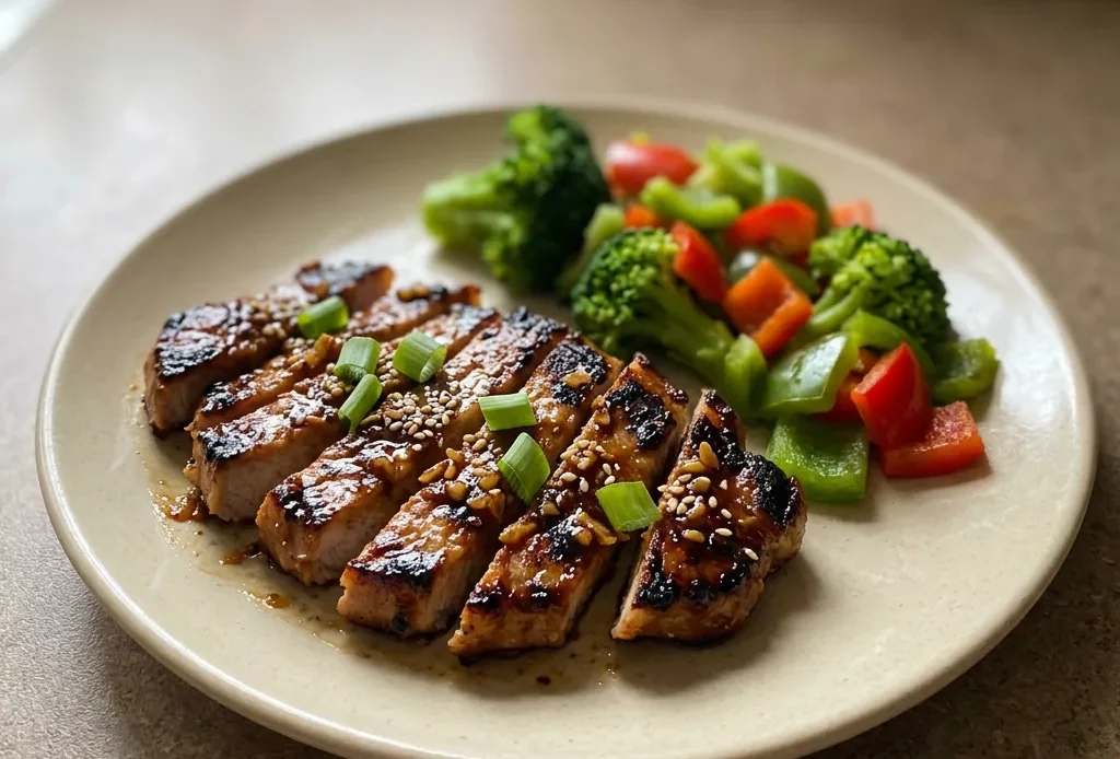Top-down look at two pork chops glazed in dark sauce, topped with sesame seeds and sliced green onions.