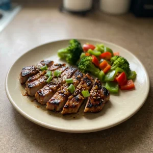 Top-down look at two pork chops glazed in dark sauce, topped with sesame seeds and sliced green onions.