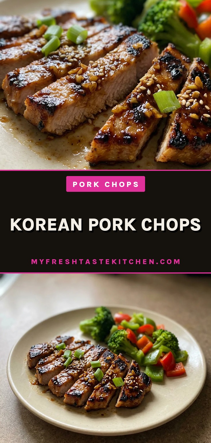 Top-down look at two pork chops glazed in dark sauce, topped with sesame seeds and sliced green onions.