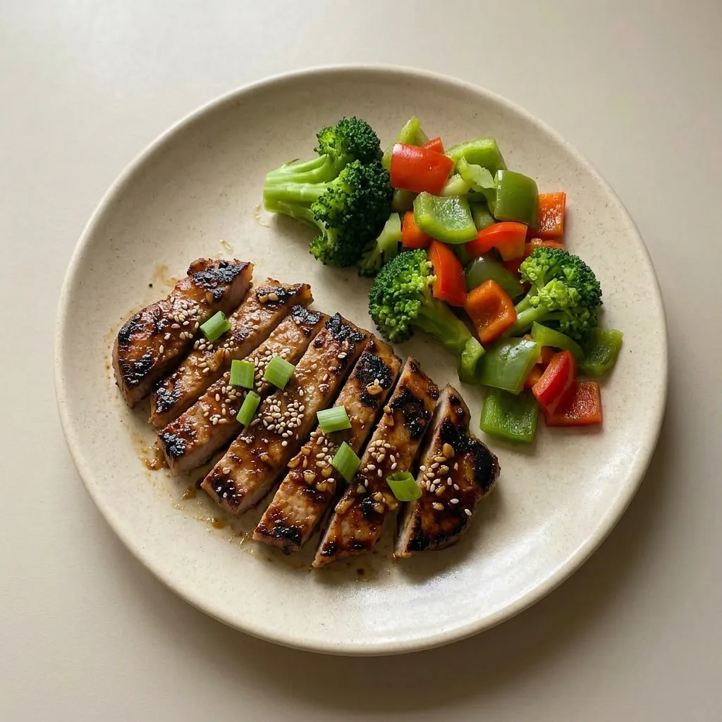 A serving of pork chops drizzled with sweet chili sauce and garnished with ginger and garlic.