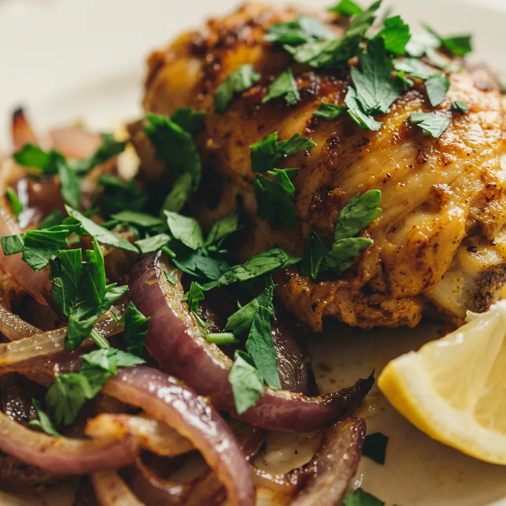 Up close, a chicken leg with crispy skin, sprinkled with coriander and cinnamon, a lemon wedge and garlic clove beside it.