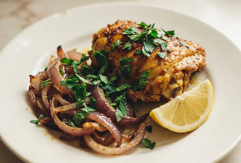Looking down at a whole roasted chicken with browned skin, topped with lemon slices and whole garlic cloves, seasoned with cumin and paprika.
