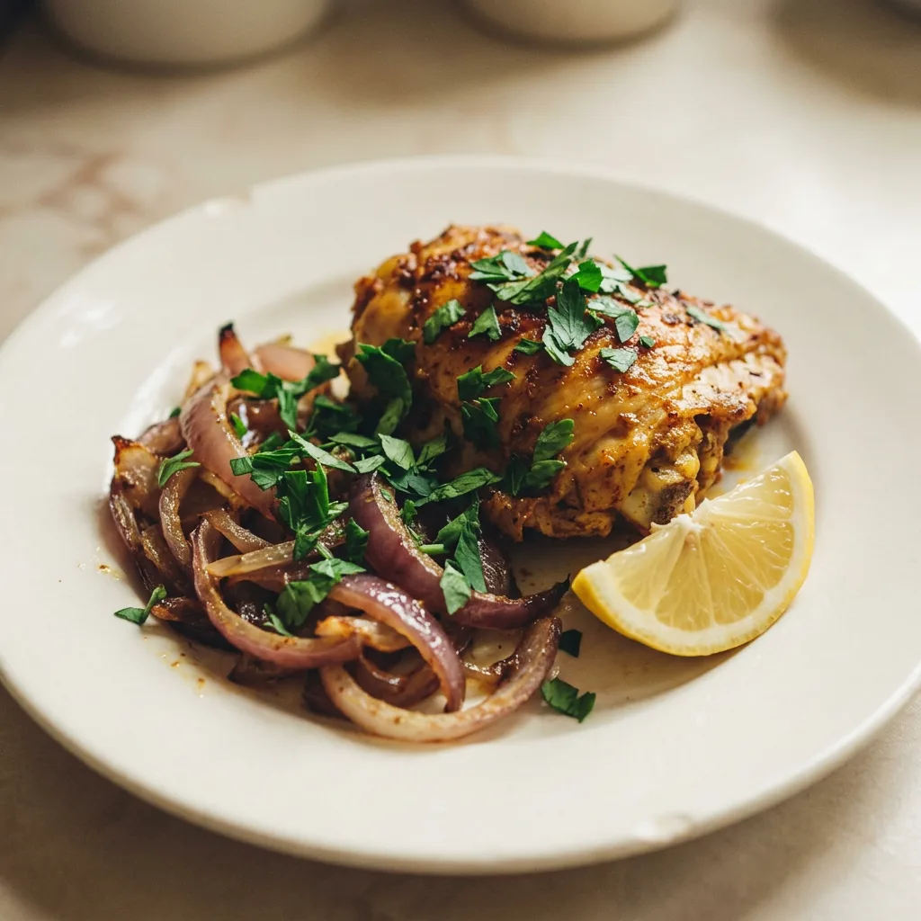 Looking down at a whole roasted chicken with browned skin, topped with lemon slices and whole garlic cloves, seasoned with cumin and paprika.