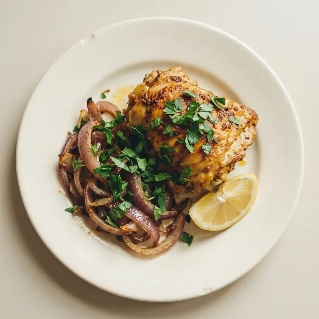 A plate of roasted chicken pieces with lemon and garlic, garnished with fresh coriander, showing paprika and cumin on the skin.
