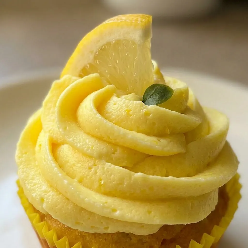 Close view of a lemon cheesecake cupcake topped with cream cheese frosting, a lemon wedge, and white sprinkles.