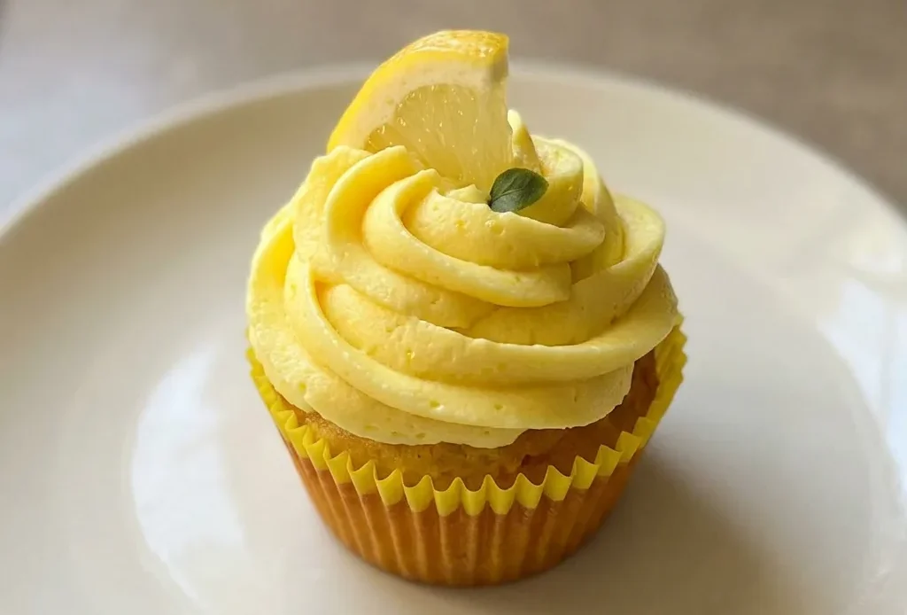 Overhead shot of a lemon cheesecake cupcake with cream cheese frosting, lemon slice, and white sprinkles.