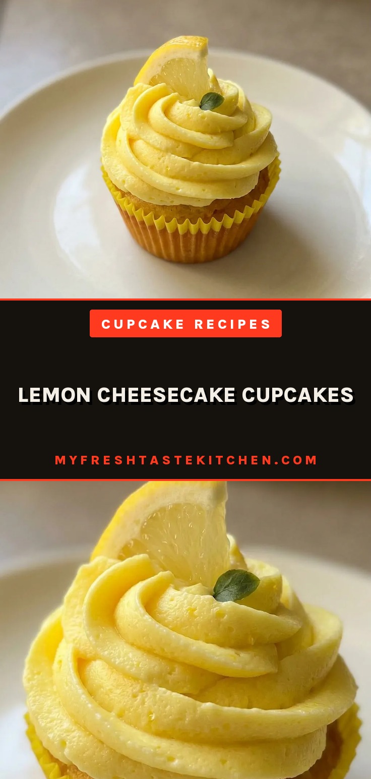 Overhead shot of a lemon cheesecake cupcake with cream cheese frosting, lemon slice, and white sprinkles.