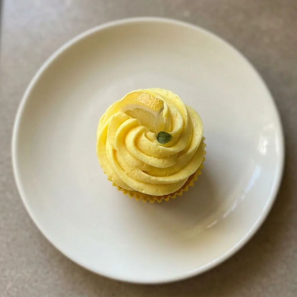 Plated lemon cheesecake cupcake with cream cheese frosting, lemon slice, and white sprinkles on top.