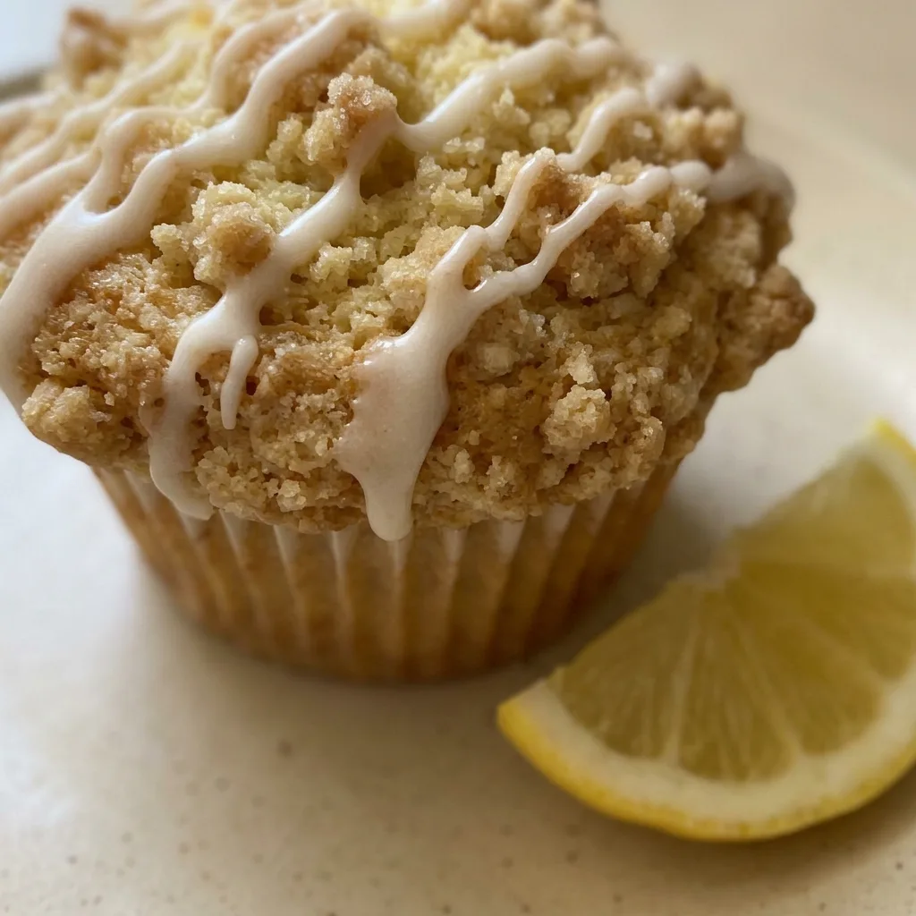 Zoomed in on a lemon curd muffin showing crumbly streusel, drizzled glaze, and a dollop of lemon curd on top.